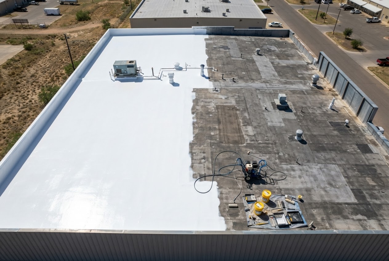 Silicone roof coating application in progress on a flat commercial roof in Lubbock, uniform white coating edge