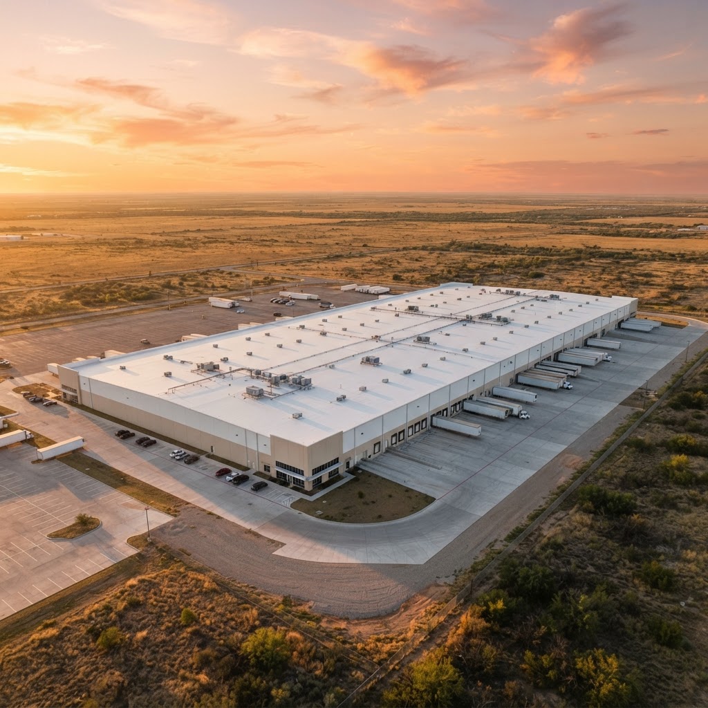 Aerial view of a West Texas distribution warehouse with a white low-slope membrane roof and rooftop units at golden hour