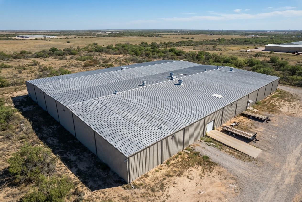 Restored standing seam metal roof on a West Texas agricultural steel building with fresh protective coating