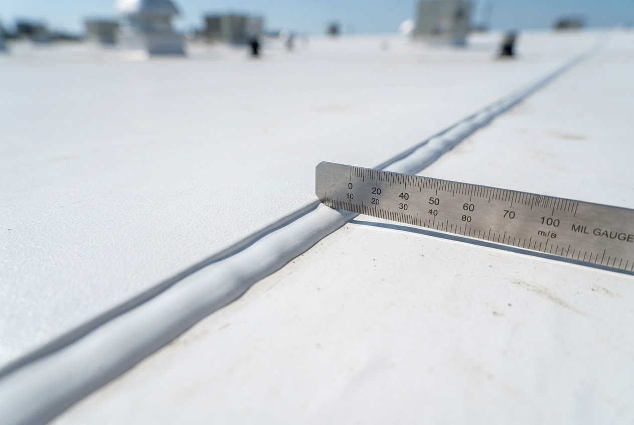Heat-welded 60 mil TPO membrane seam on a Lubbock distribution warehouse roof, probe-tested during installation