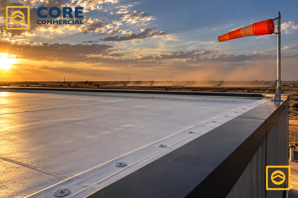 White TPO commercial roofing membrane with visible fastener plates and metal coping on a West Texas flat roof at golden hour, with a windsock and open plains in the background.