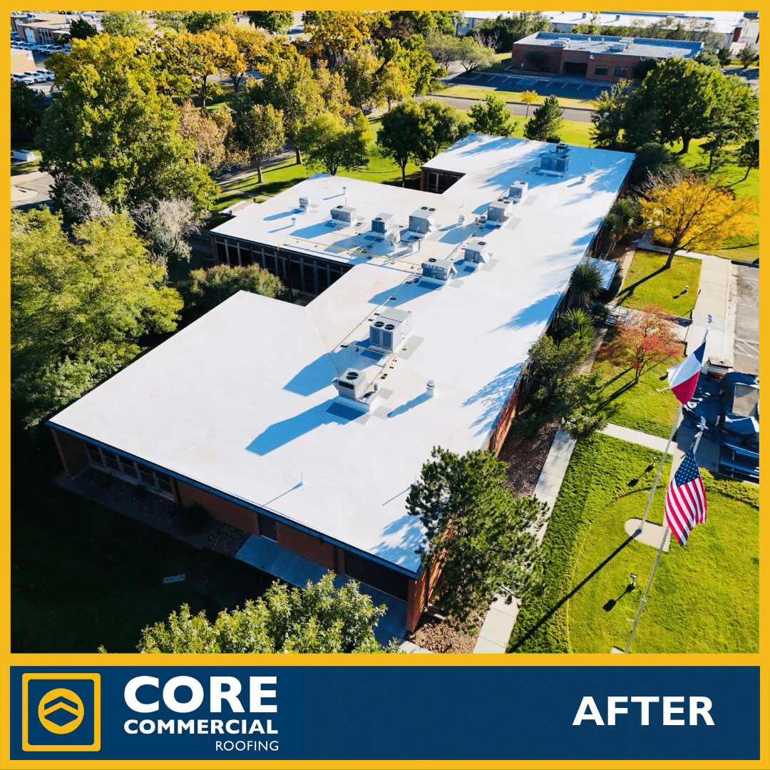 aerial view commercial building flat roof after installation