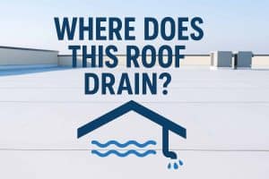 A flat commercial roof with drainage pipes and rooftop HVAC units, overlaid with the text “Where Does This Roof Drain?” and a simple blue roof icon showing water flowing toward a downspout.