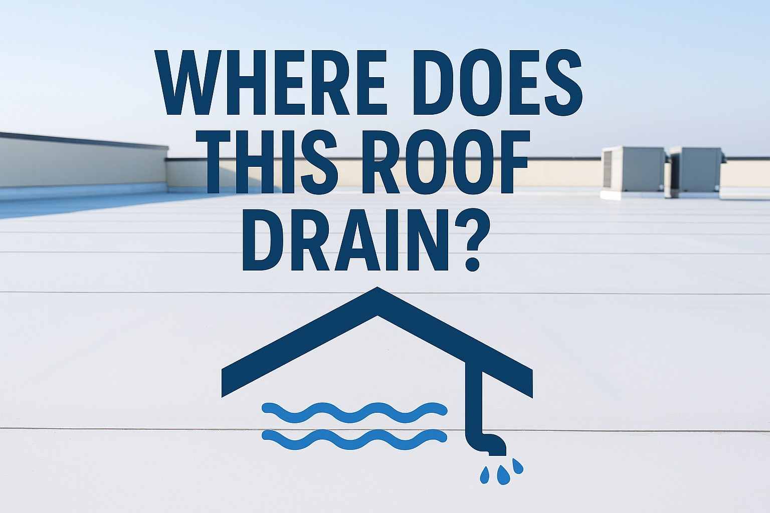 A flat commercial roof with drainage pipes and rooftop HVAC units, overlaid with the text “Where Does This Roof Drain?” and a simple blue roof icon showing water flowing toward a downspout.
