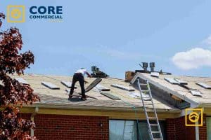 Core Commercial Roofing contractor performing a full tear-off by stripping old roofing material and insulation down to the deck, illustrating the demolition phase of a full commercial roof replacement.