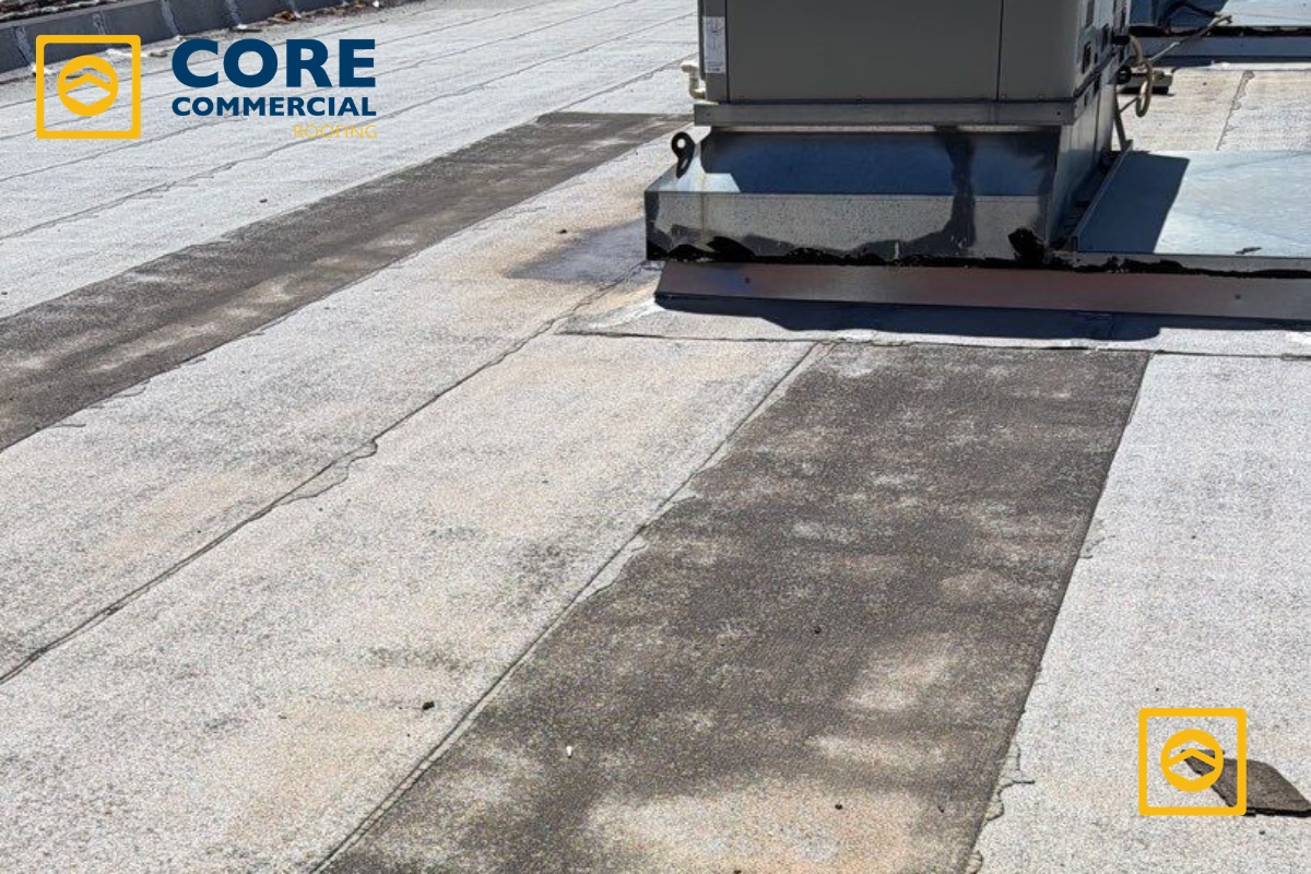 Commercial modified bitumen roof installation in West Texas featuring commercial HVAC units