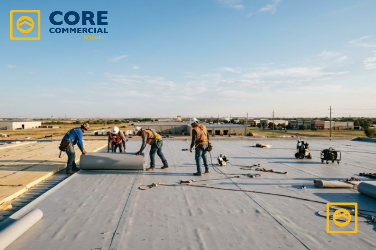 A wide, low-angle photograph of construction workers rolling out a light gray TPO membrane on a flat commercial roof under a clear blue sky, with exposed insulation boards visible on the left side during late afternoon.