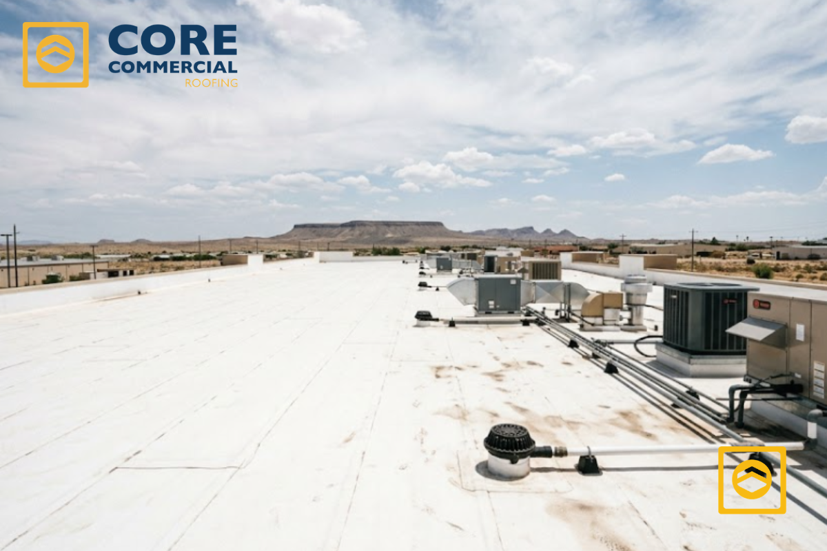 A wide, low-angle shot of a flat commercial rooftop in West Texas, covered in a bright white reflective single-ply membrane, featuring prominent HVAC units and roof drains under a hard midday sun and a large dry-plains sky, with a distant low mesa on the horizon in a crisp documentary style.