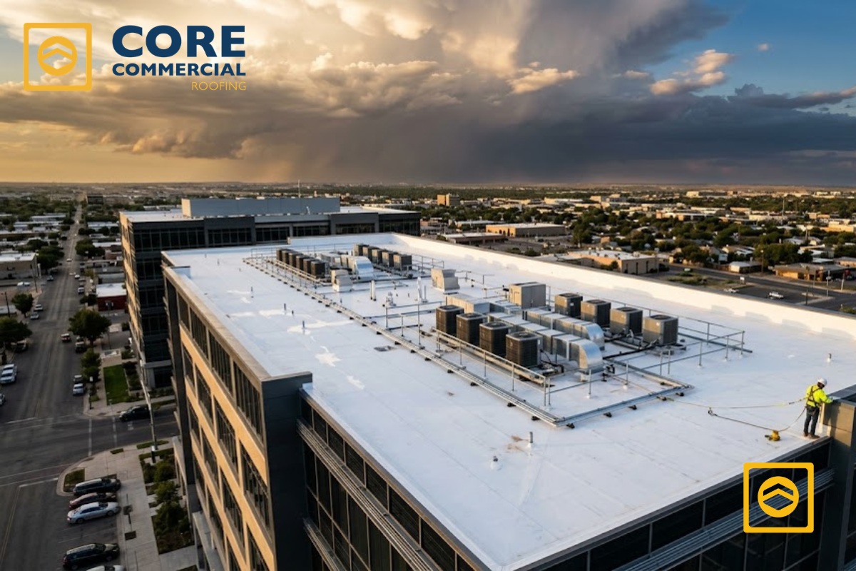 An aerial view of a bright white, flat roof on a modern multi-story residential building in a Texas city. The roof features neatly arranged HVAC units and solar panels. The surrounding area includes city streets, green trees, other buildings, and a distant city skyline under a warm, late-afternoon sky.