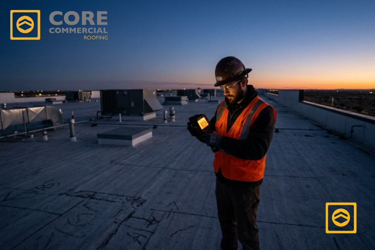 Roofing technician in a high-visibility vest performing a nighttime thermal imaging inspection on a commercial flat roof.