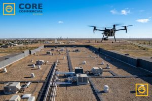 A detailed aerial view of a professional multi-rotor commercial drone equipped with a camera gimbal, hovering over a large flat industrial rooftop featuring gravel ballast, complex HVAC units, pipes, and other mechanical equipment on a clear, sunny day with a wide horizon.