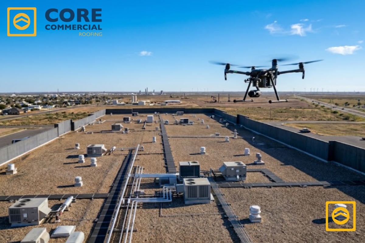 A detailed aerial view of a professional multi-rotor commercial drone equipped with a camera gimbal, hovering over a large flat industrial rooftop featuring gravel ballast, complex HVAC units, pipes, and other mechanical equipment on a clear, sunny day with a wide horizon.